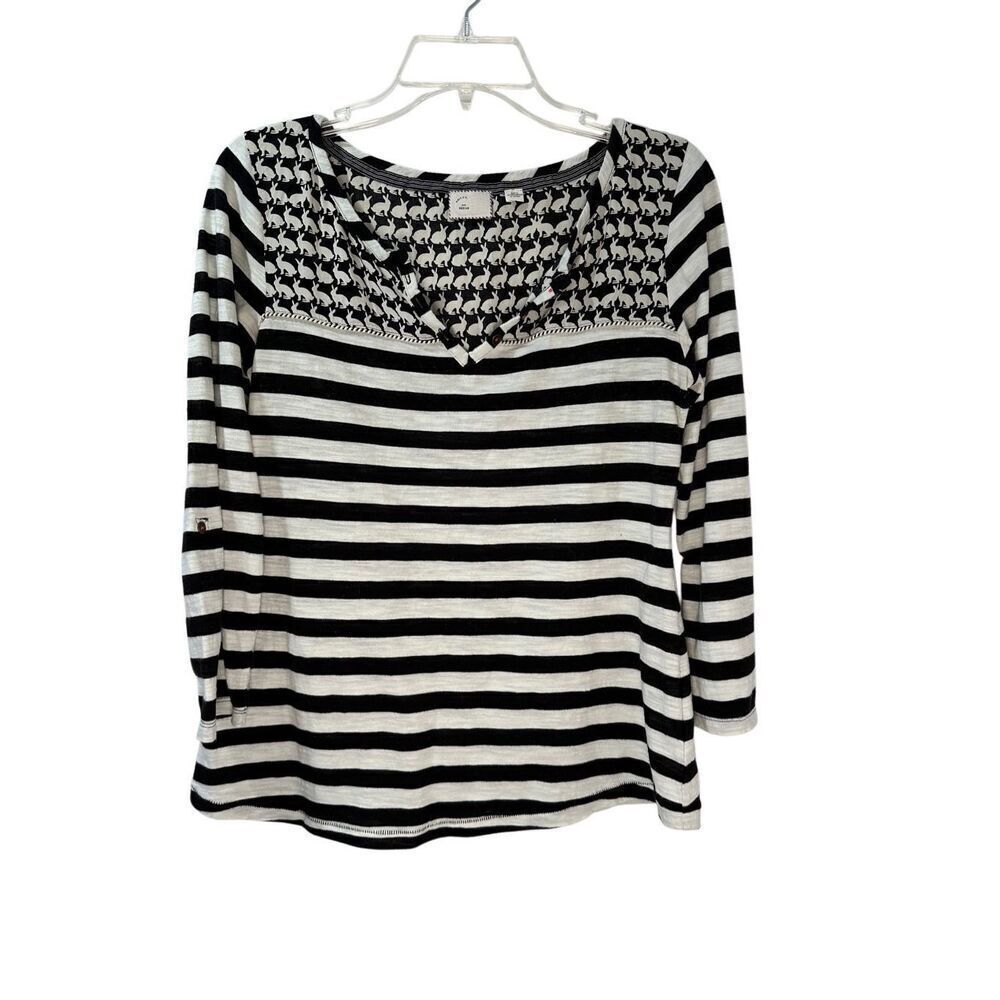 Anthropologie Postmark women’s black white rabbit stripe shirt size Med #36-1836